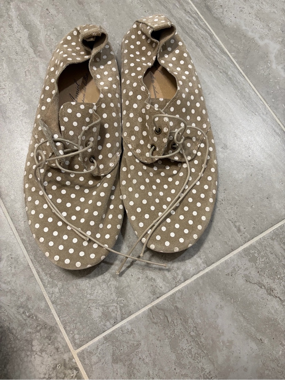 Annie Italian Soft Suede Polka Dot Lace Up Ballet Flats.  New!